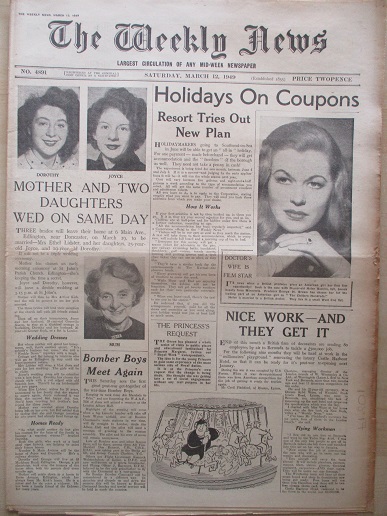 THE WEEKLY NEWS, March 12 1949 issue for sale. GEORGE GOODCHILD, BLACK BOB, HELEN BACKLIN. Original 