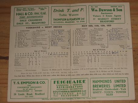 YORKSHIRE COUNTY CRICKET CLUB 1950 OFFICIAL SCORE CARD WEST INDIES PURE NOSTALGIA ARCHIVES CLASSIC I