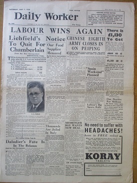 The DAILY WORKER newspaper, May 7 1938 issue for sale. LABOUR WINS AGAIN. Original British publicati