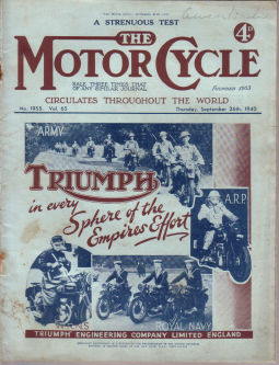 MOTOR CYCLE MAGAZINE SEP 26 1940 WW2 VINTAGE PUBLICATION FOR SALE CLASSIC IMAGES OF THE TWENTIETH CE