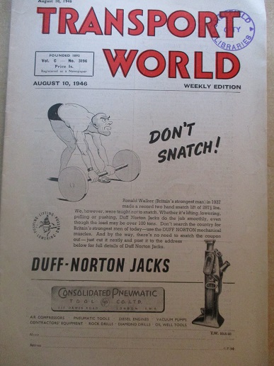 TRANSPORT WORLD weekly edition, August 10 1946 issue for sale. Original BRITISH publication from Til