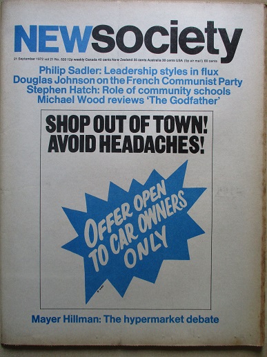 NEW SOCIETY magazine, 21 September 1972 issue for sale. PHILIP SADLER. Original British publication 