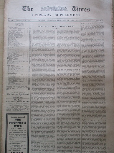 THE TIMES LITERARY SUPPLEMENT, February 21 1929 issue for sale. THE NEGRITOES OF MALAYA. Original BR