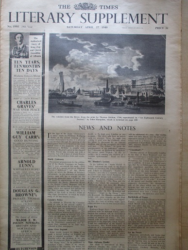 THE TIMES LITERARY SUPPLEMENT, April 27 1940 issue for sale. HITLER‘S AIMS IN WAR AND PEACE. Origina