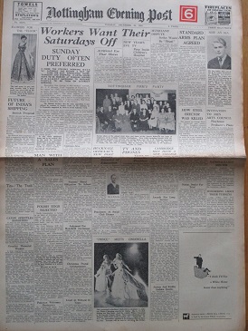 NOTTINGHAM EVENING POST newspaper, December 20 1949 issue for sale. WORKERS WANT THEIR SATURDAYS OFF