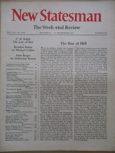 NEW STATESMAN magazine, 20 September 1958 issue for sale. BRENDAN BEHAN ON MICHAEL COLLINS. Original