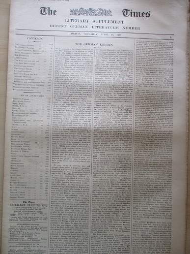 THE TIMES LITERARY SUPPLEMENT, April 18 1929 RECENT GERMAN LITERATURE NUMBER for sale. Original BRIT