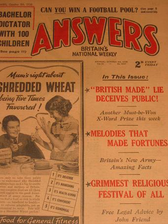 ANSWERS magazine, October 8 1938 issue for sale. Vintage STORIES, HUMOUR publication. Classic images