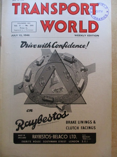 TRANSPORT WORLD weekly edition, July 13 1946 issue for sale. Original BRITISH publication from Tille