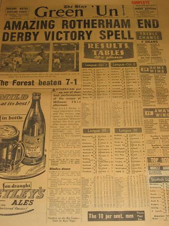 GREEN UN SPORTS PAPER, March 7 1959 issue for sale. SHEFFIELD, CHESTERFIELD, BARNSLEY, DONCASTER, MA