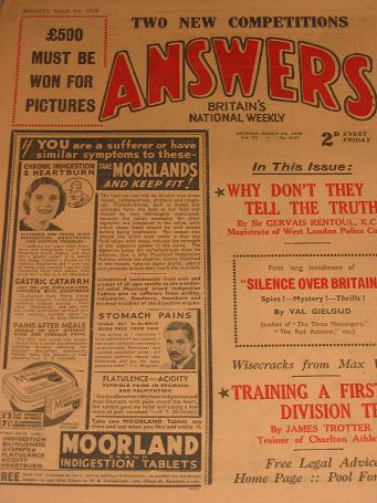 ANSWERS magazine, March 4 1939 issue for sale. VAL GIELGUD. Vintage STORIES, HUMOUR publication. Cla