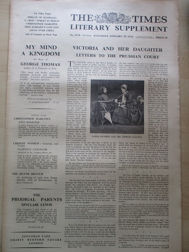 THE TIMES LITERARY SUPPLEMENT, January 29 1938 issue for sale. CHRISTOPHER MARLOWE. Original BRITISH