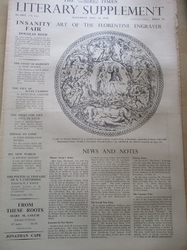 THE TIMES LITERARY SUPPLEMENT, May 14 1938 issue for sale. ART OF THE FLORENTINE ENGRAVER. Original 