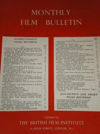 MONTHLY FILM BULLETIN , January 1962 issue for sale. Original BFI publication from Tilley, Chesterfi