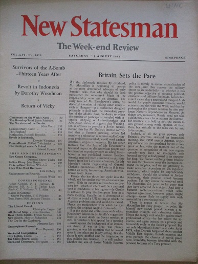 NEW STATESMAN magazine, 2 August 1958 issue for sale. VICKY, DOROTHY WOODMAN. Original British publi