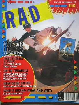 R.A.D. magazine, November 1991 issue for sale. Original British SKATEBOARDING publication from Tille