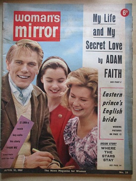 WOMAN’S MIRROR magazine, April 15 1961 issue for sale. ADAM FAITH, MARGERIE SCOTT, OLGA STRINGFELLOW