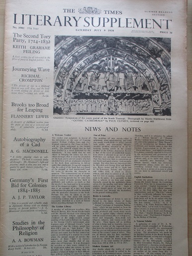 THE TIMES LITERARY SUPPLEMENT, July 9 1938 issue for sale. HISTORY OF PRINTED BOOK. Original BRITISH