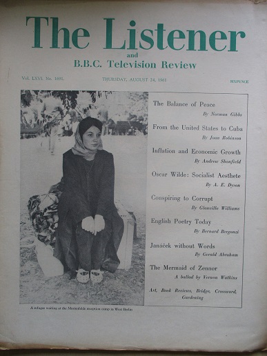 THE LISTENER magazine, August 24 1961 issue for sale. VERNON WATKINS. Original BBC publication from 