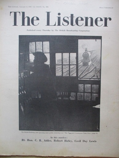 THE LISTENER magazine, January 8 1948 issue for sale. BRITISH RAILWAYS, ATTLEE, CECIL DAY LEWIS. Ori