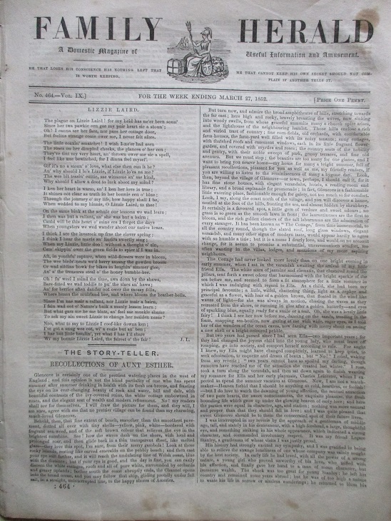 The FAMILY HERALD magazine, March 27 1852 issue for sale. RECOLLECTIONS OF AUNT ESTHER. Original Bri